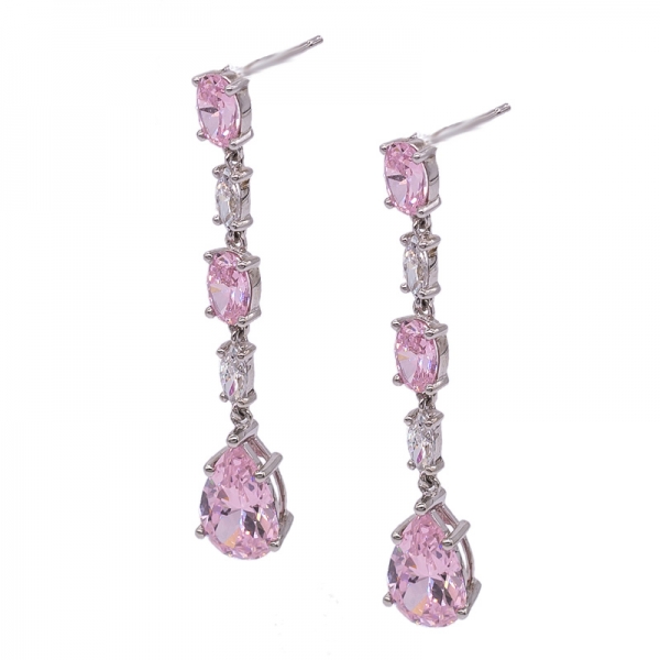 Diamond Pink Drop Long Earrings in 925 Sterling Silver 