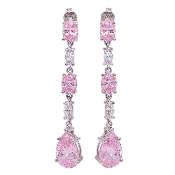 Diamond Pink Drop Long Earrings in 925 Sterling Silver 