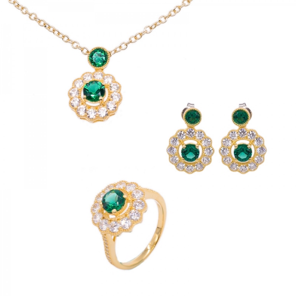 925 Sterling Silver Jewelry Set with Round Green Nano 