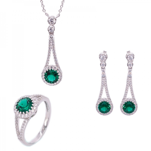 Classical Silver Ring, Earrings and Necklace Jewelry Set with Green Nano 