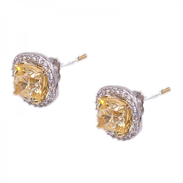 Cushion Diamond Yellow Stud Halo Earrings in 925 Sterling Silver 