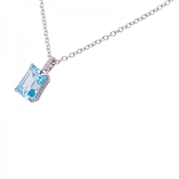 925 Sterling Silver Necklace with Emerald Cut Aqua CZ 