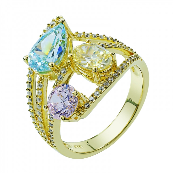 Yellow Gold Plated Silver Ring with Colorful Main Stones 