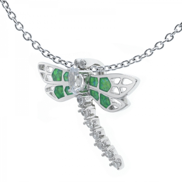 Winsome Green Lab Dragonfly Silver Opal Pendant 