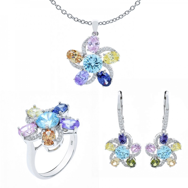 Multicolor Flower Shape Jewelry Set in Sterling Silver 