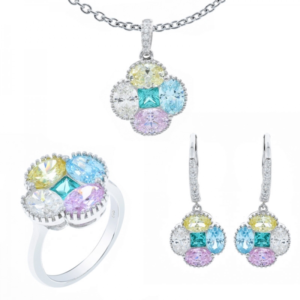 Multicolor Four Leaf Clover Jewelry Set in Sterling Silver 
