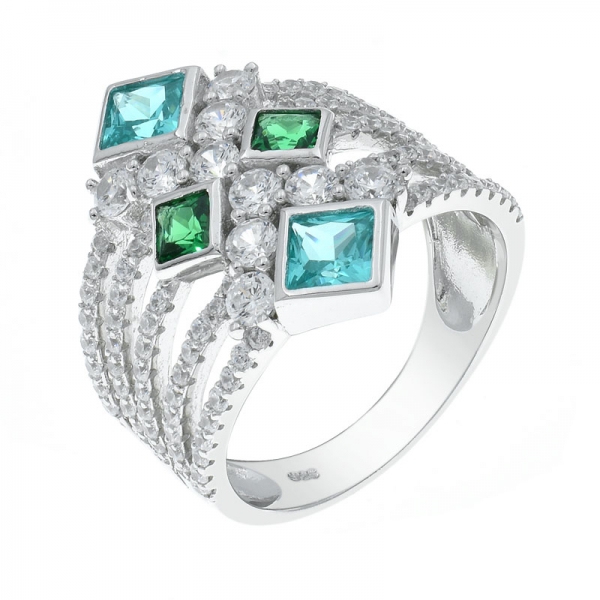 925 Five Row Silver Ring With Paraiba & Green Stones 
