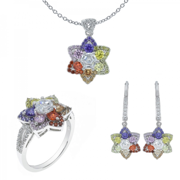 925 Sterling Silver Multicolor Flower Shape Jewelry Set 