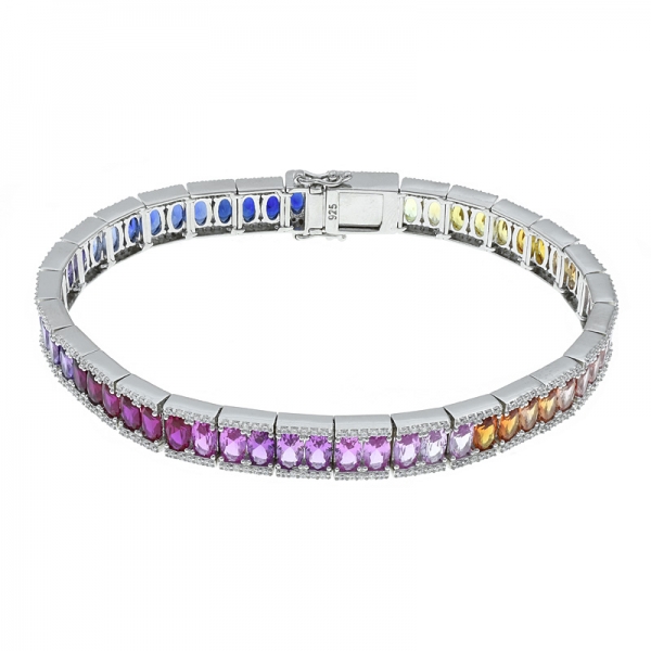 925 Sterling Silver Rainbow Oval Stones Bracelet 