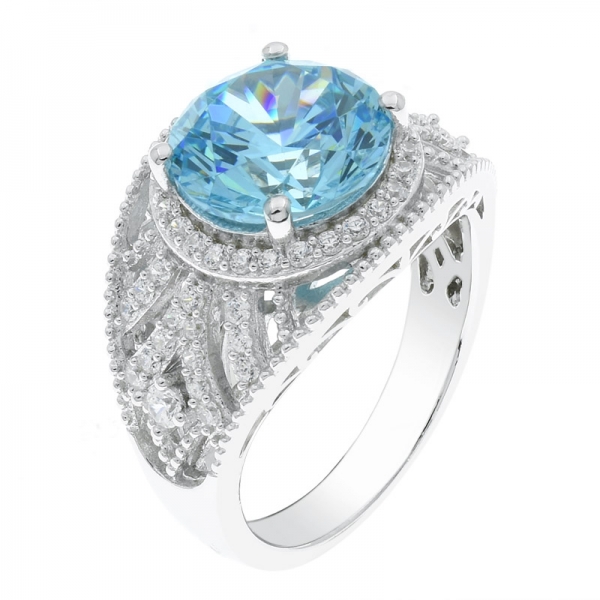 925 Sterling Silver Round Shape Halo Aqua Ladies Ring 