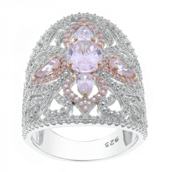 925 Sterling Silver Filigree Diamond Pink CZ Ring 