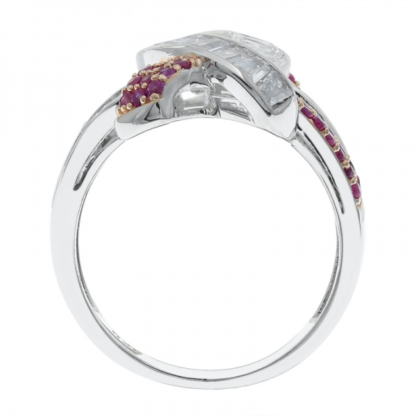 925 Silver Red Corundum & White CZ Intricate Ladies Ring 