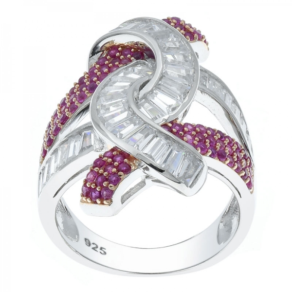 925 Silver Red Corundum & White CZ Intricate Ladies Ring 