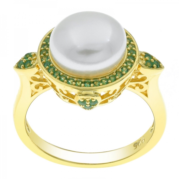 Lovely Ladies 925 Sterling Silver Gold Plated Pearl Ring 
