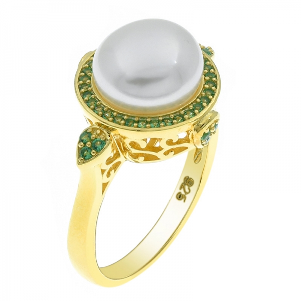 Lovely Ladies 925 Sterling Silver Gold Plated Pearl Ring 