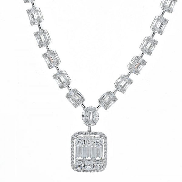 925 Sterling Silver Baguette Cluster Link Necklace For Ladies 