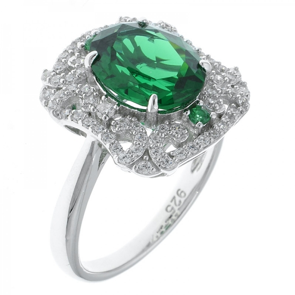 925 Sterling Silver Rhodium Plated Filigree Ring With Green Nano 