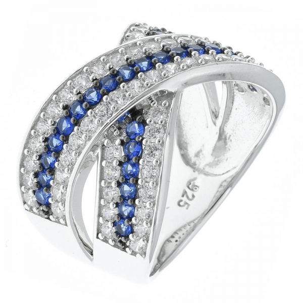 925 Sterling Silver Criss Cross Jewelry Ring With Blue Nano 