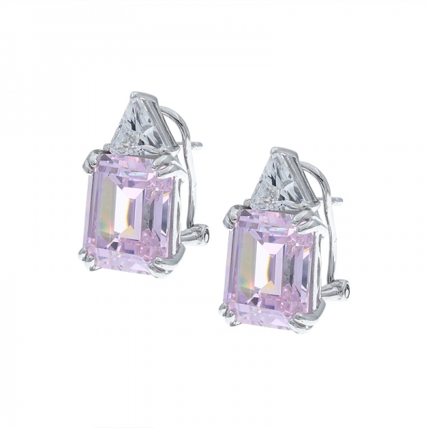 925 Sterling Silver Diamond Pink CZ Omega Back Earrings 