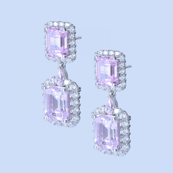 925 Sterling Silver Double Emerald Cut Drop Jewelry Earrings 