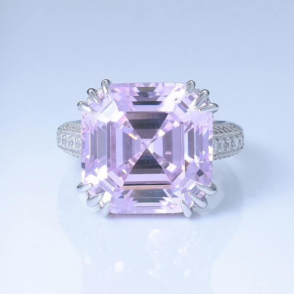 925 Sterling Silver Fancy Asscher Cut Diamond Pink CZ Ring 