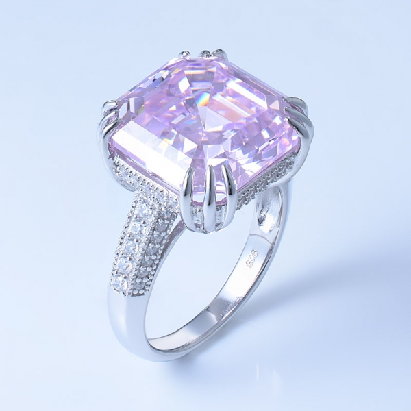 925 Sterling Silver Fancy Asscher Cut Diamond Pink CZ Ring 