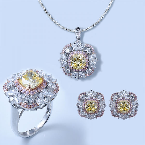 925 Sterling Silver Flower Jewelry Set With Diamond Yellow CZ 