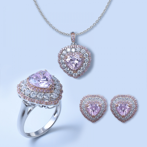 925 Sterling Silver Heart Shape Jewelry Set With Diamond Pink CZ 