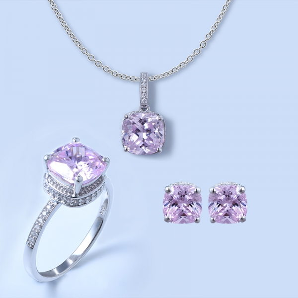 925 Sterling Silver Solitaire Diamond Pink Jewelry Set 