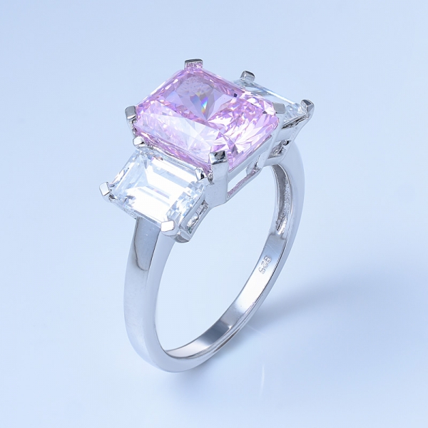 925 Sterling Silver Three Stones Diamond Pink Jewelry Ring 