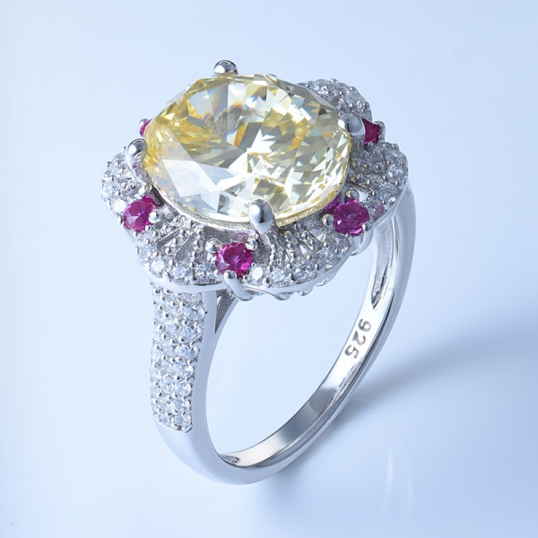 Brilliant Diamond Color Yellow CZ With Red Corundum Embellished 925 Sterling Silver Ring 