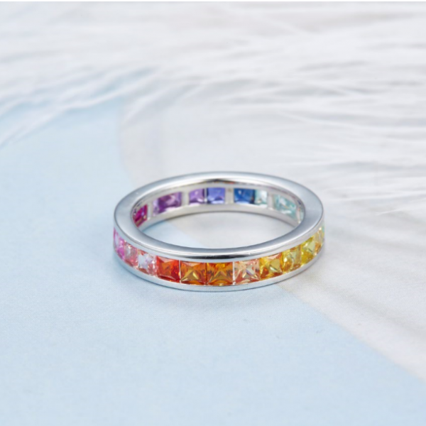 925 Sterling Silver Eternity Square Shape rainbow Ring Jewelry 