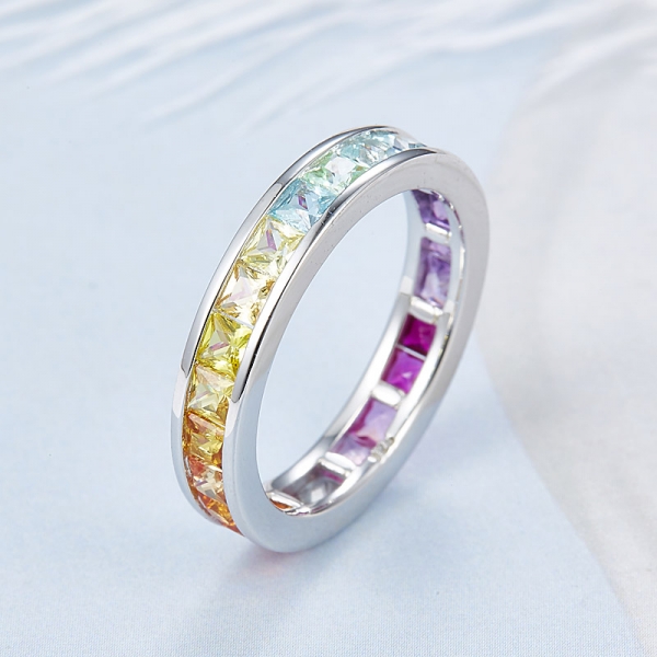 Wholesale 925 Sterling silver princess cut rainbow color ring settings for women 