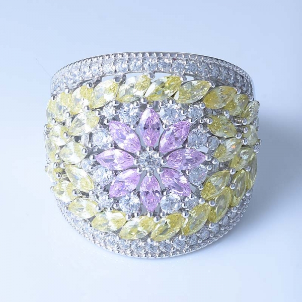 925 Sterling Silver Fashion Flower Ring With Pink/Yellow CZ 