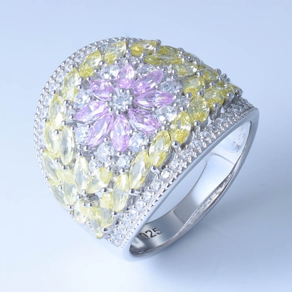 925 Sterling Silver Fashion Flower Ring With Pink/Yellow CZ 