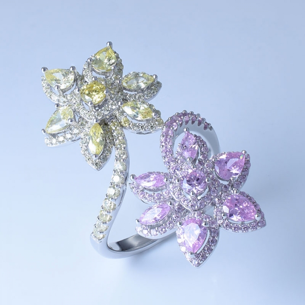 925 Sterling Silver Beautiful Double Flower Ring With Multicoloured CZ/Nano 