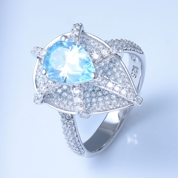 925 Sterling Silver Pear Ring With Aqua CZ 