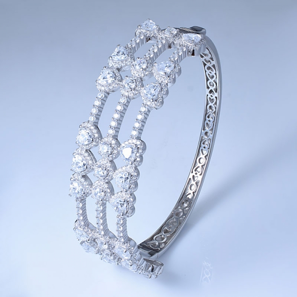 Heart Cutting White Cubic Zirconia Rhodium Over Sterling Silver Bangle Bracelet 