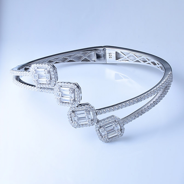 Baguette Cutting White Cubic Zirconia Rhodium Over Sterling Silver spring Bangle Bracelet 