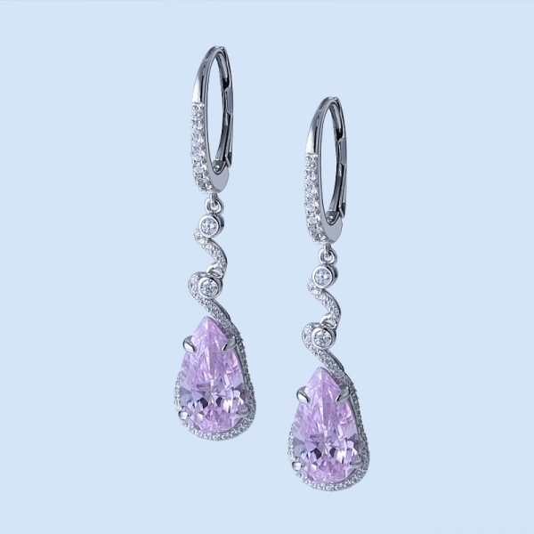 Pear Pink Diamond Simulant Rhodium Over Silver Drop Earrings For Ladies 