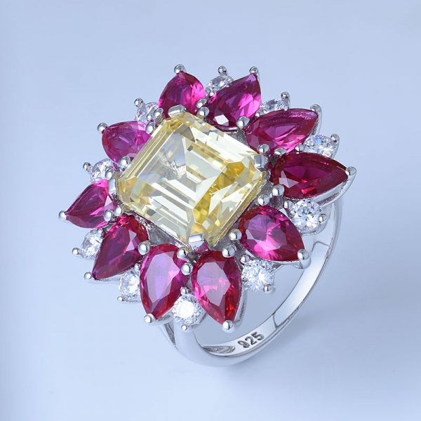 Emarald Simulate Yellow Diamond Center and Red Ruby Around Rhodium Over Silver Rings 