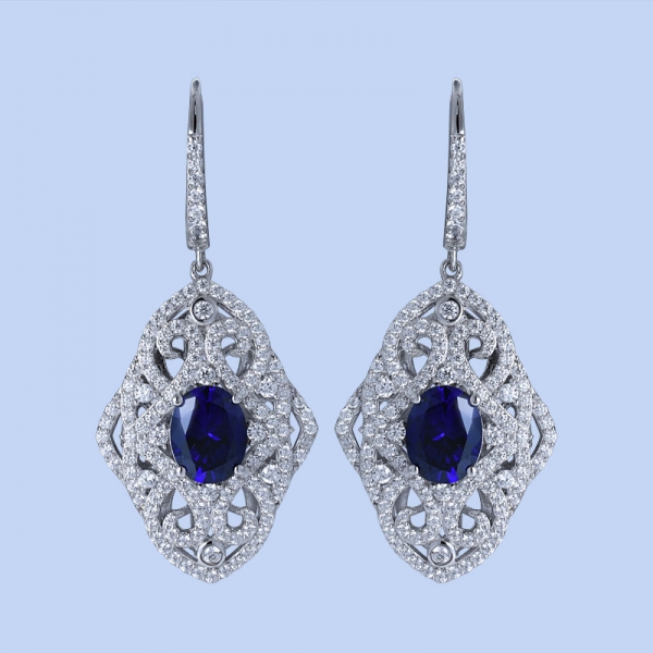 Cubic Zirconia And Simulated Blue Sapphire Rhodium Over Sterling Silver New Earrings 