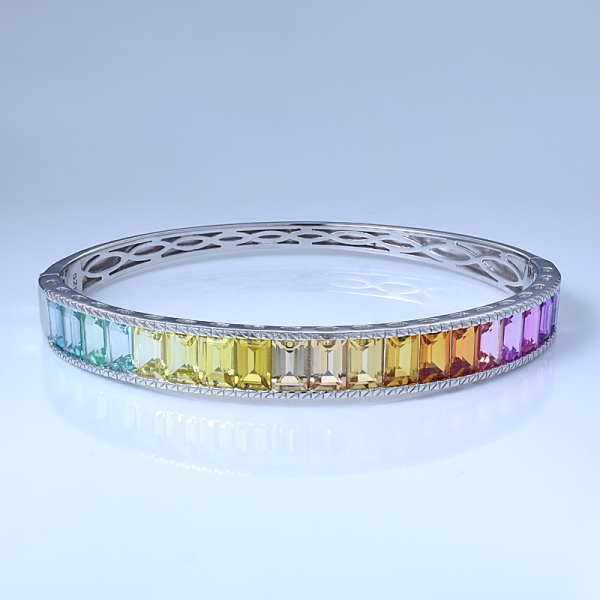 Multi-Color Simulate Sapphire Rhodium Over Sterling Silver Rainbow Charm Bangle Bracelet 