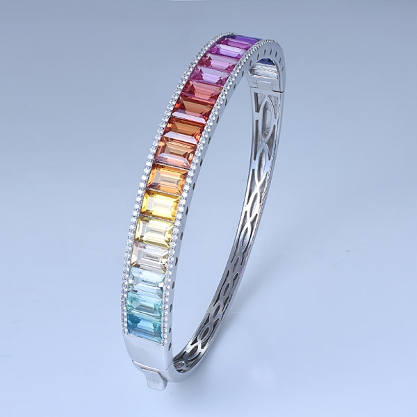 Synthesis Sapphire Rhodium Over Sterling Silver Rainbow Charm Bangle Bracelet 
