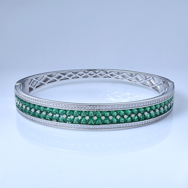 Square Simulate Green Emerald Rhodium Over Sterling Silver Cute Bangle 