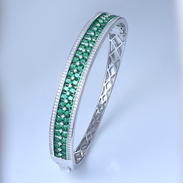 Square Simulate Green Emerald Rhodium Over Sterling Silver Cute Bangle 