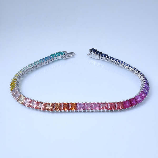 Princess Cut Synthetic Sapphire Rhodium Over Sterling Silver Ladies Rainbow Bracelet 