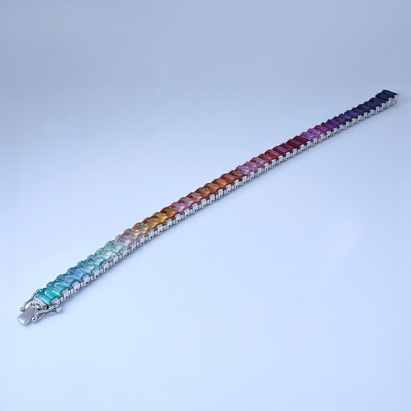 Synthetic Sapphire Baguette Cut Rhodium Over Sterling Silver Rainbow Bracelet Design 