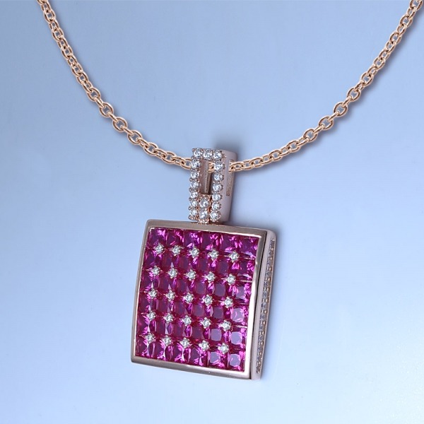 925 Sterling Silver Created Ruby & White CZ Cute Square Pendant 