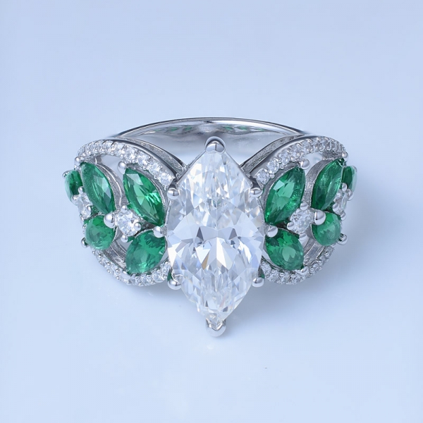 Green Emerald & White CZ Rhodium Over Sterling Silver Marquise Rings 